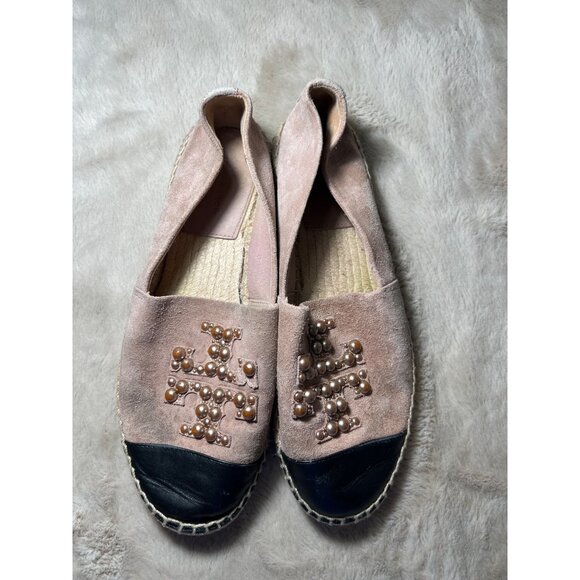 Tory Burch Pink Suede Espadrille Flats W/ Pearl Logo & Black Toe Cap - Picture 2 of 13
